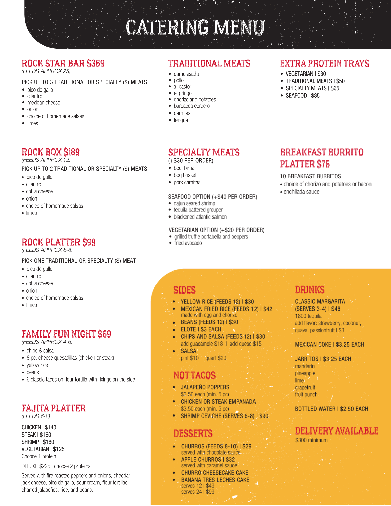 Taco Rock catering menu
