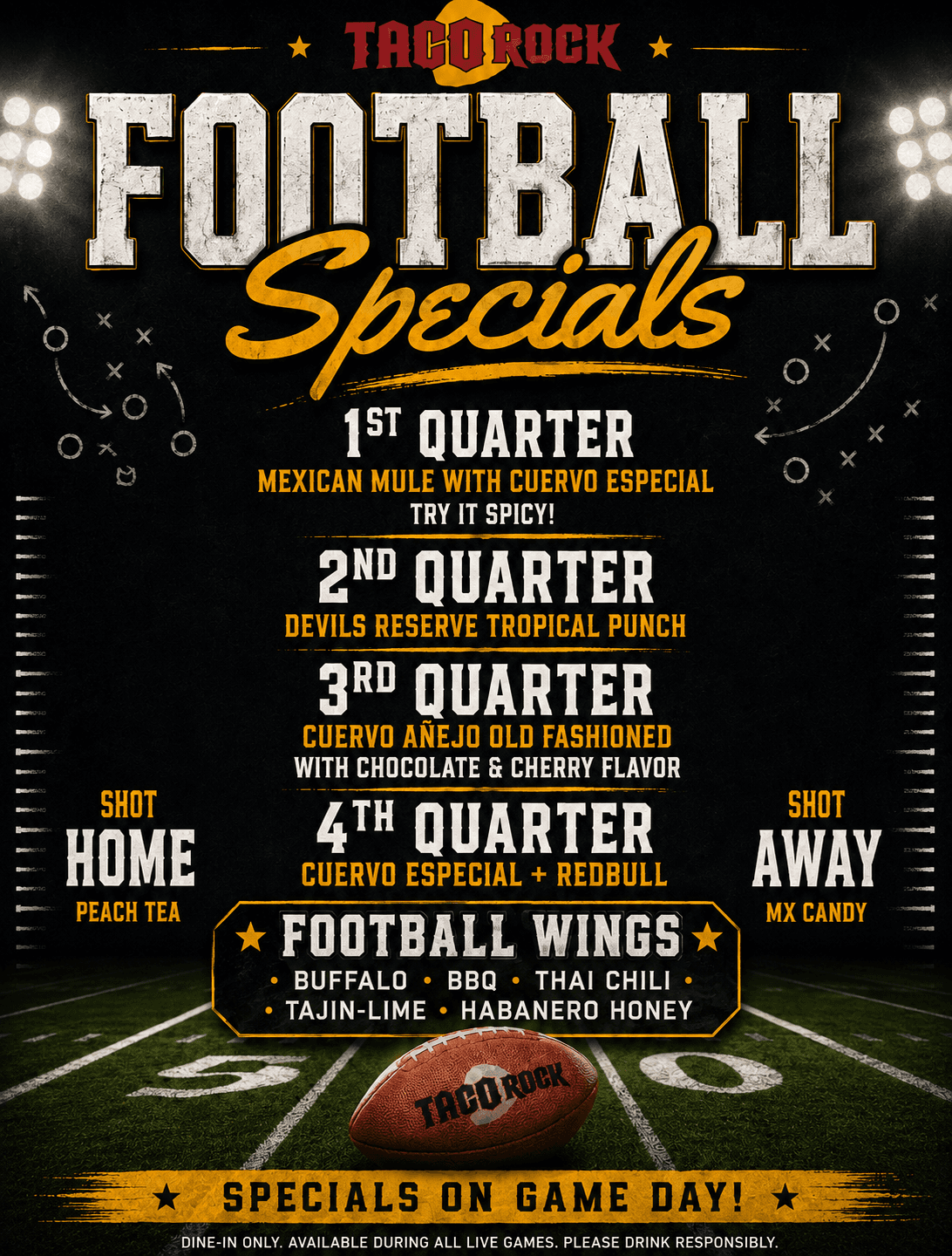 Taco Rock football specials — quarter-by-quarter drink specials and Football Wings